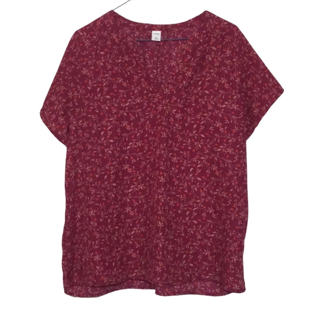🌞 Old Navy maroon floral polyester v neck short sleeve tunic top size M